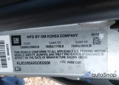 2016 Chevrolet Spark 1Lt Cvt z USA, uszkodzony, nr VIN KL8CD6SAXGC632936